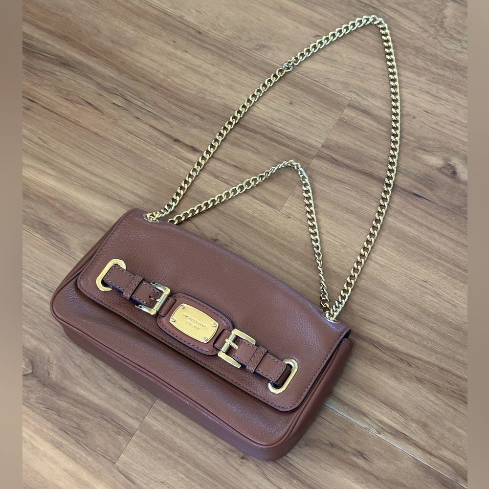 MICHAEL  KORS Hamilton Leather Small Flap Bag Chain Strap Brown